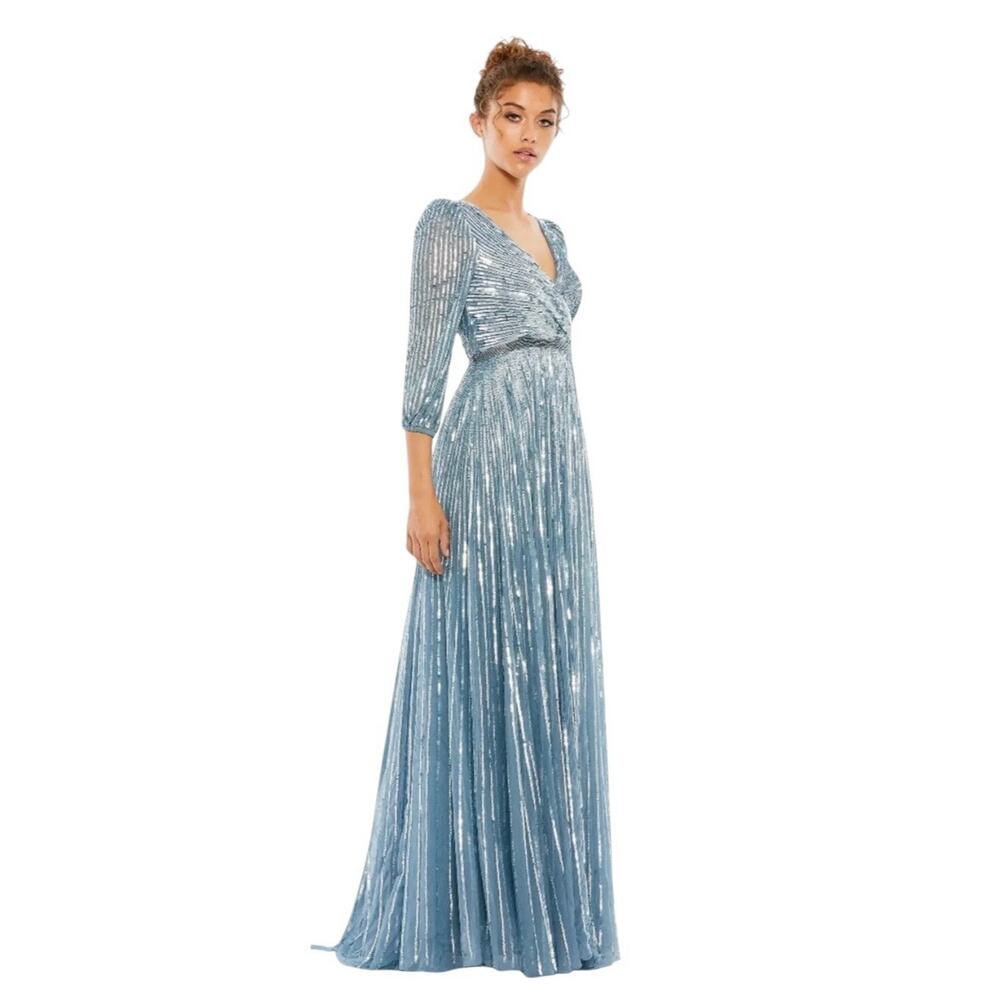 Mac Duggal 5509 Slate Blue Sequins 3/4 Sleeve Gown Size 10 $598 - Picture 3 of 8